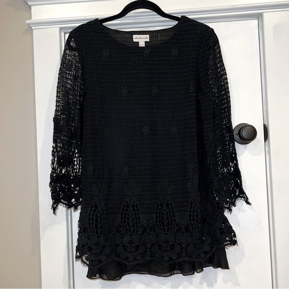 New Black Blouse with top layer of lace szS